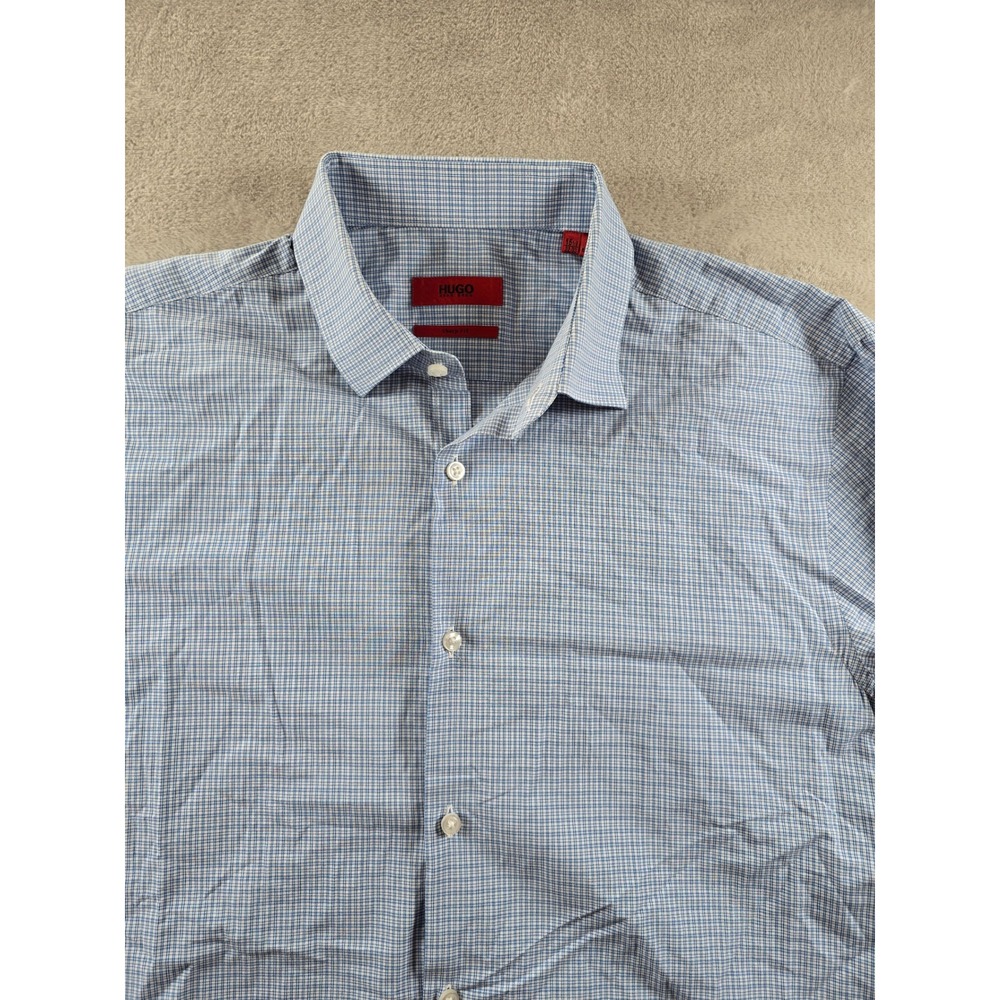 Hugo Boss Button Up‎ Shirt Mens 15.5 32/33 Blue Check Sharp Fit Long Sleeve